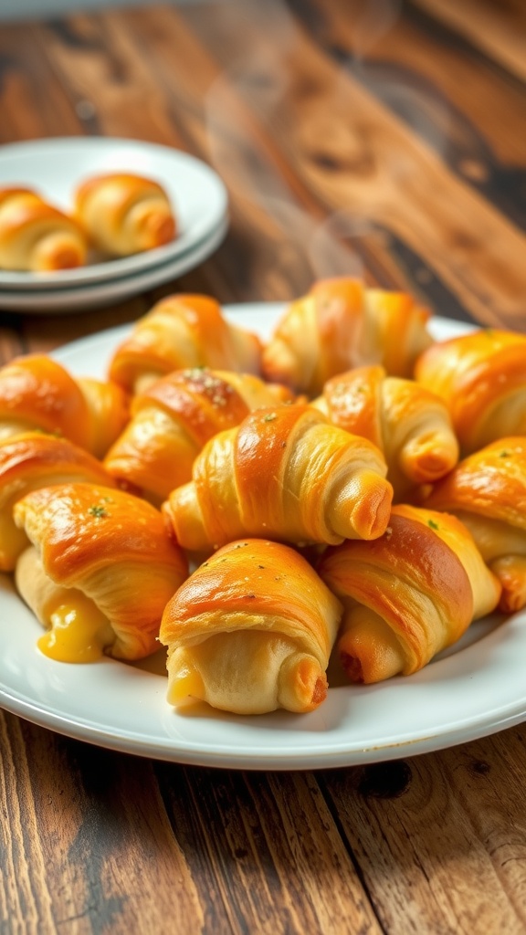 Golden cheesy crescent roll appetizers on a plate, garnished with herbs.